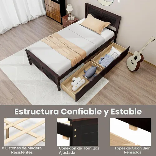 Vista 5 de Giantex Cama individual de madera con 2 cajones de almacenamiento, plataforma de madera maciza con cabecero, base de colchón de soporte de listones
