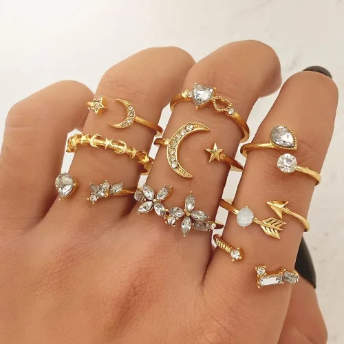 Vista 5 de KISS WIFE Juego de anillos apilables dorados para nudillos de luna y estrella para mujeres, adolescentes, niñas, bohemios, delicados y ligeros