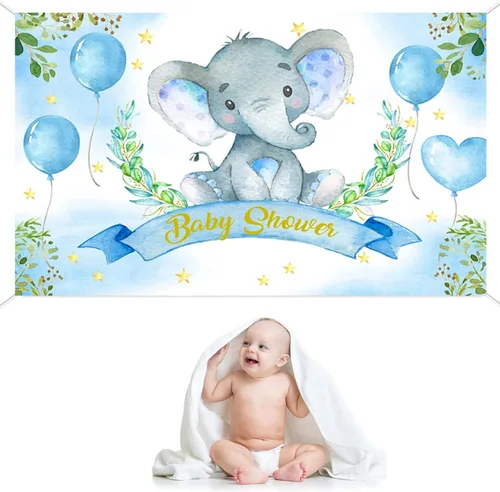 Vista 2 de Telón de fondo de elefante de acuarela azul para baby shower, elefante, hojas verdes, globo de fotografía, elefante, baby shower, decoración