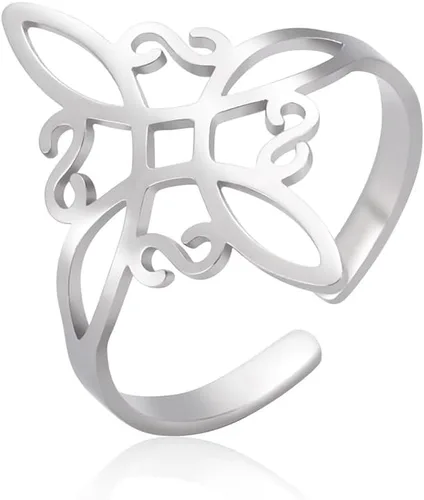 Vista 6 de Dreamtimes Anillo de nudo de bruja para mujer, de acero inoxidable, ajustable, abierto, celta, cuaternario, Wicca, anillo de nudo de brujería Dorado