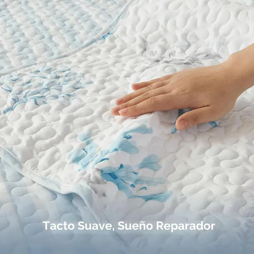 Vista 5 de Bedsure Colcha costera tamaño Queen – Ropa de cama reversible de verano y playa, colcha ligera de microfibra, colcha azul y blanca para todas
