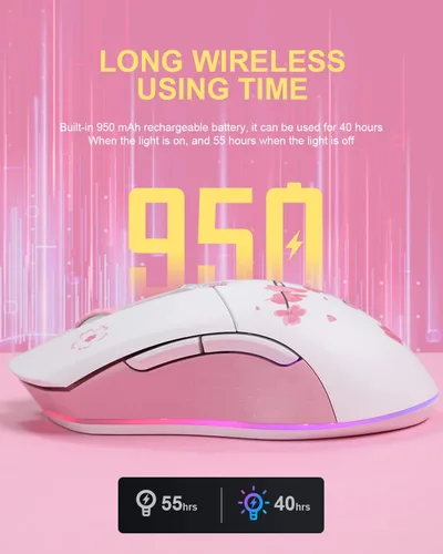 Vista 4 de DAREU Sakura - Mouse inalámbrico para juegos con cable, recargable de doble modo, 7 botones programables, 10 K DPI, RGB y 7 niveles de DPI