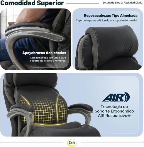 Vista 6 de Silla de oficina Serta grande y alta con capas inteligentes y tecnología de aire, Cuero, Negro
