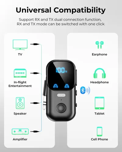 Vista 3 de Receptor transmisor Bluetooth 5.4 aptX adaptativo para 2 AirPods/auriculares, adaptador de audio Bluetooth 2 en 1 con micrófono y pantalla LED