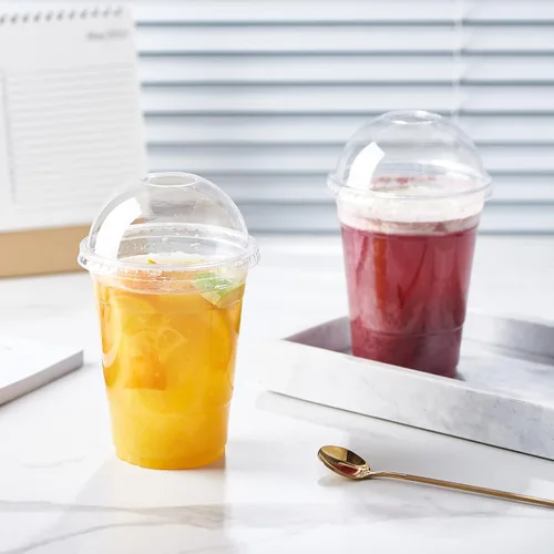 Vista 5 de 100 juegos de vasos de plástico con tapas de cúpula y ranura para pajita, PET transparente, desechables, sin BPA, para fiesta, bebidas heladas