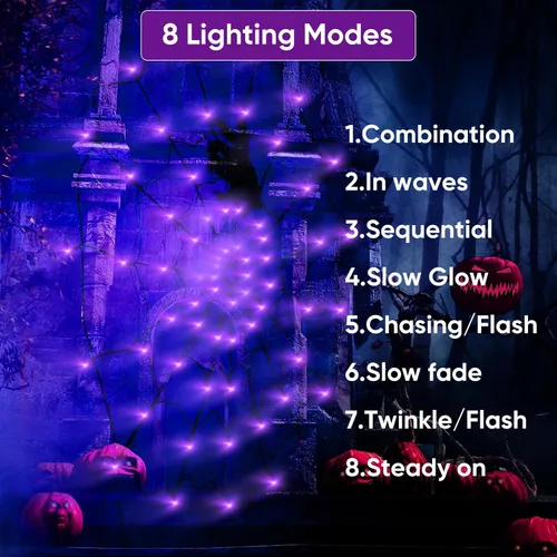 Vista 2 de LCHUANG Decoraciones de Halloween con luces de telaraña – 2 piezas de telaraña iluminadas, 4 pies de diámetro, 70 LED con araña negra, impermeable