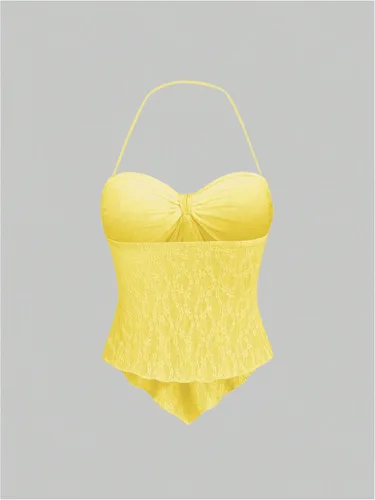 Vista 2 de SHENHE Top halter de encaje para mujer, nudo frontal, espalda descubierta, asimétrica, Y2k, coqueta, sin espalda, para salir