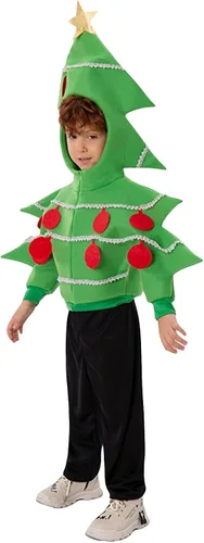 Vista 3 de Sujhwsx Disfraz de árbol de Navidad para niños, disfraz de manga larga con capucha y cremallera frontal, accesorios de ropa