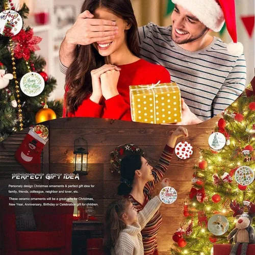 Vista 6 de Adorno familiar de Navidad, regalos de hija, hijo, adorno de círculo de cerámica de 3 pulgadas para colgar en el árbol – Día de la Madre