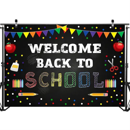Vista 3 de Mocsicka Telón de fondo de bienvenida de regreso a la escuela, papelería de puntos coloridos para estudiantes y niños, pancarta para el primer día