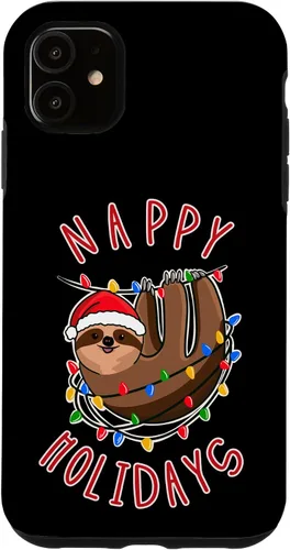Vista 6 de iPhone 15 Plus Nappy Holidays! Divertido perezoso enredado en la caja de luces de Navidad