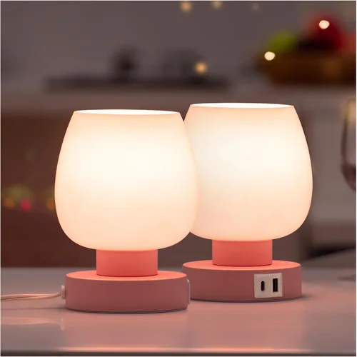 Vista 8 de Lámpara de Mesa de Noche Táctil - Lámpara Pequeña Rosa para Dormitorio con Puertos de Carga USB C+A, Regulable de 3 Niveles, Lámpara de Escritorio