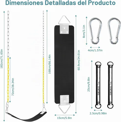 Vista 6 de Juego de columpio con anillo triangular de metal y cadenas antioxidantes de 66 pulgadas, accesorios de reemplazo de columpio con ganchos de presión