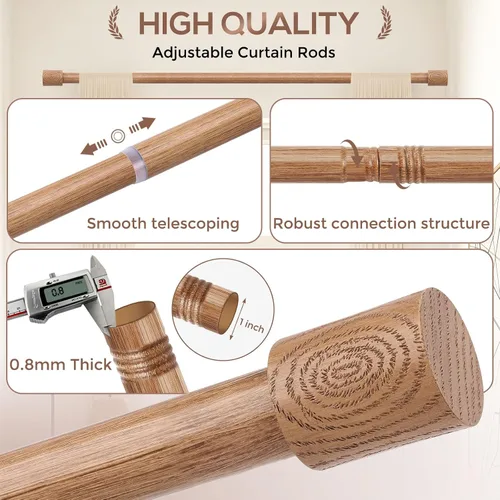 Vista 8 de Barras de cortina de madera, barra decorativa ajustable de 1 pulgada estilo granja rústico, barra de cortina bohemia resistente para ventanas de 28