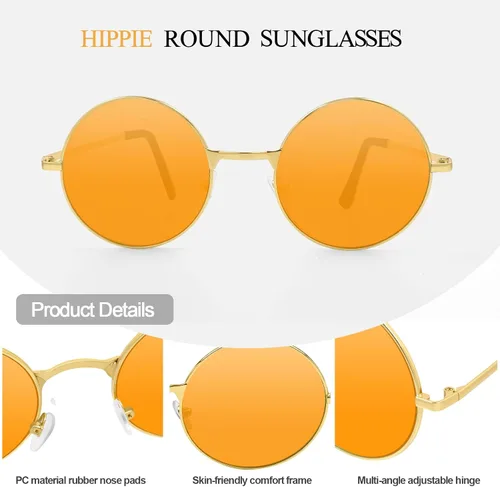 Vista 4 de CHRORINE Gafas de sol hippie redondas de los años 70, lentes retro para mujeres y hombres, accesorio de fiesta, festival, moda, gafas de sol vintage