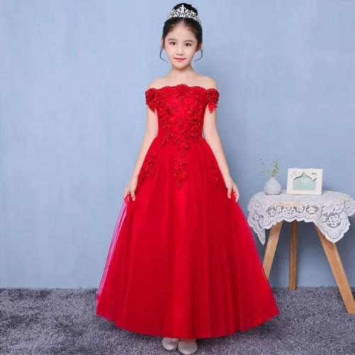 Vista 3 de IDOPIP Vestido de tul de princesa con cuentas y hombros descubiertos para niña de flores, vestido formal de dama de honor, boda, fiesta, para niños