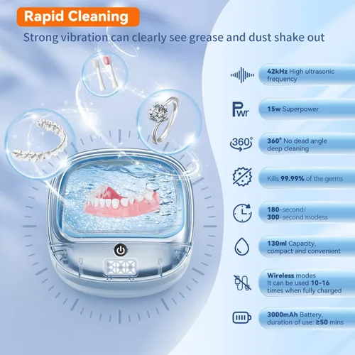 Vista 2 de Limpiador ultrasónico de retenedor, cápsula de limpieza dental de 45kHz para dentaduras, alineadores, protectores nocturnos y joyas, limpiador