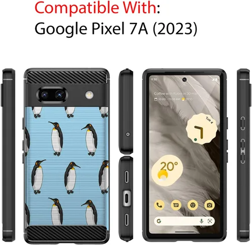Vista 2 de CasesOnDeck Slim TPU Case Compatible with Google Pixel 7A (2023) / Pixel 7A Case [Flex Carbon] Cool Ultra Thin Slim Black TPU - Blue Penguins