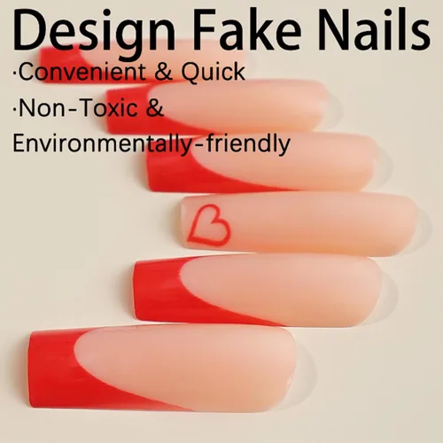 Vista 5 de Puntas de uñas postizas rojas francesas estilo bailarina, uñas postizas largas cuadradas, de cobertura completa, acrílicas, se aplican presionando
