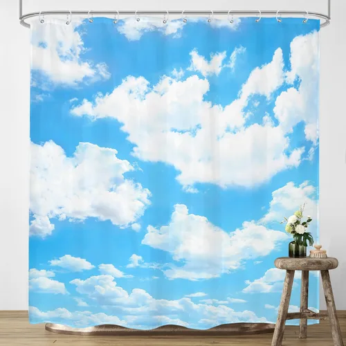 Vista 2 de Cortina de ducha con fondo de cielo azul, 72 x 72 pulgadas, paisaje natural, tela impermeable, poliéster, decoración de bañera, paquete de 12