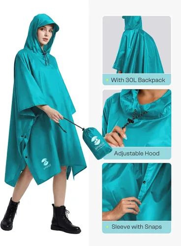 Vista 4 de SaphiRose Poncho de lluvia con capucha, impermeable, para hombres, mujeres y adultos Algas Azul 1 Pack
