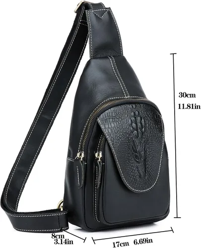 Vista 5 de Bolso bandolera de cuero genuino para hombres y mujeres, mochila en el pecho, bandolera, casual, al aire libre