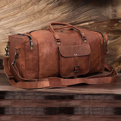 Vista 6 de KK's - Bolsa de viaje de cuero vintage, hecha a mano, elegante y duradera, ideal para gimnasio, viajes, bolsa de viaje de cuero genuino, remaches