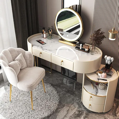 Vista 8 de Tocador para mujer, juego de mesa de maquillaje con 3 cajones, tocador con espejo iluminado y silla, bancos de tocador para ella