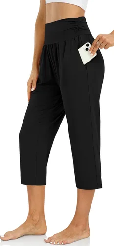 Vista 2 de UEU Pantalones capri de cintura alta para mujer, casuales, holgados, pantalones de yoga, cómodos, para descansar, entrenamiento, pantalones capri