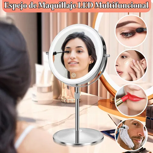 Vista 6 de Espejo de maquillaje iluminado con aumento, 10 x 8 pulgadas, espejo de tocador recargable de doble cara con luces, espejo de maquillaje de aumento