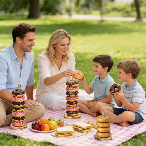 Vista 6 de Cididu Soporte de madera para donas, 8 piezas, soporte para mesa de postre, torre de exhibición de palitos de dona rústicos desmontables para bodas