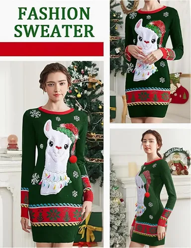Vista 5 de v28 Vestido feo tipo suéter de Navidad para mujer, tejido, con divertido diseño de renos.