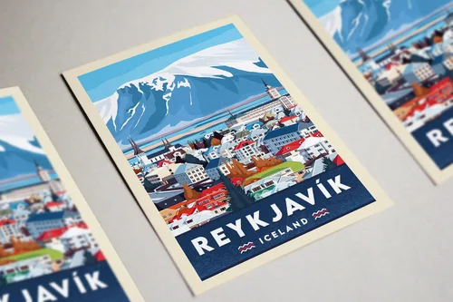 Vista 4 de Reykjavík - Póster de viaje de Islandia Reykjavík para decoración de pared de Reykjavík, ilustración de viaje, póster de Islandia, día de San