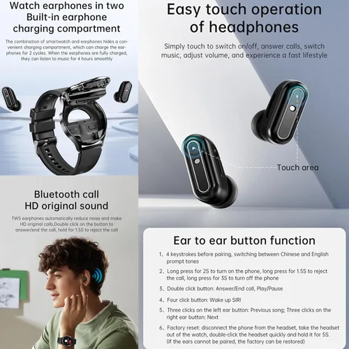 Vista 4 de Tuanzi X10 2 en 1 Smart Watch con auriculares 1.39 pulgadas Smartwatch TWS Bluetooth Auricular Monitor de salud Sport Watch Fitness Tracker