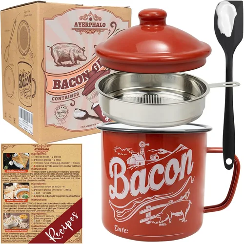 Vista 10 de Recipiente para grasa de tocino con colador - Con espátula de silicona de grado alimenticio de 24oz, recipiente rústico de grasa esmaltado