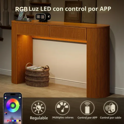 Vista 3 de Mesa consola acanalada de 55 pulgadas con 2 cajones y luces LED, mesas de entrada con estación de carga, mesa de sofá estrecha detrás del sofá, mesa