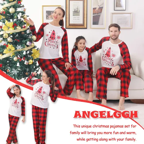 Vista 3 de Conjunto de pijama de Navidad familiar a juego lindo top con impresión pantalones a cuadros pijamas de vacaciones para mujereshombresniñosparejas