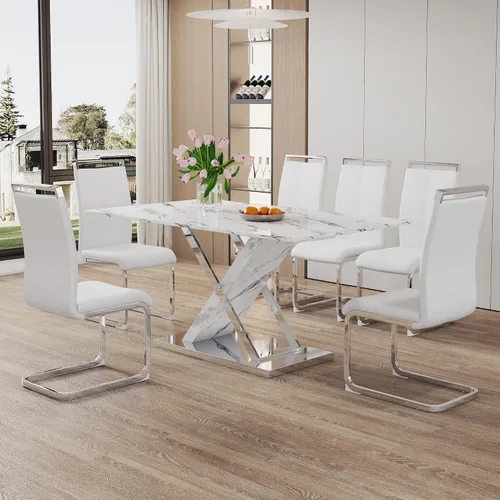 Vista 24 de Juego de mesa de comedor de mármol para mesa rectangular blanca de 6.63 pulgadas con marco de metal plateado en forma de X y 6 sillas de comedor