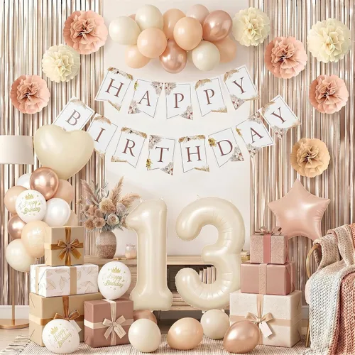 Vista 5 de Decoraciones de cumpleaños número 13 en crema para niñas, globos beige con número 13 en forma de corazón y estrella marrón, globos neutros