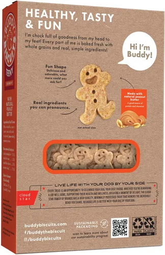 Vista 2 de Buddy Biscuits 8 onzas Caja de golosinas crujientes pequeñas para perros hechas con mantequilla de maní natural