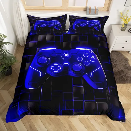 Vista 34 de Juego de funda de edredón con diseño de videojuegos para niños, tamaño individual, negro y azul a cuadros, juego de ropa de cama moderna