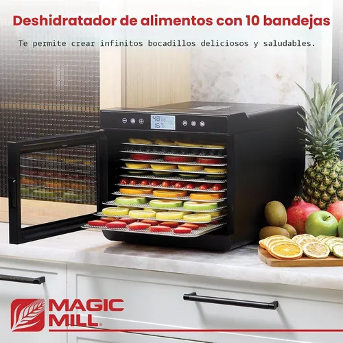 Vista 2 de Magic Mill - Máquina deshidratadora de alimentos premium (10 bandejas extra grandes de acero inoxidable) Secador de 700W para cecina de ternera