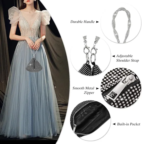 Vista 3 de TRICIA Monederos plateados brillantes para mujer, bolso de mano con diamantes de imitación para fiesta, baile, club, boda