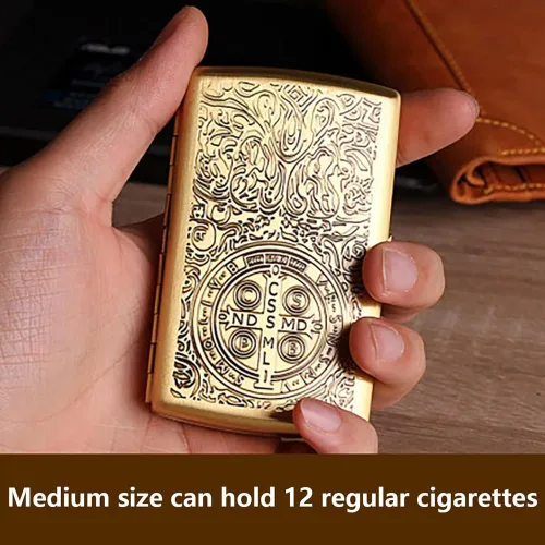 Vista 5 de Metal Embossed Cigarette Box, Can Hold 12 Pieces Thick Cigarettes, Unisex, Double Sided Spring Clip, Copper Chrome Plated Material, Pressure