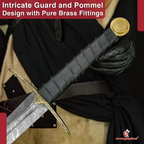 Vista 6 de s™ Viking Einherjar Espada de espiga completa - Hoja de acero de Damasco (400-520 capas) con mango envuelto en cuero, protector de latón y pomo