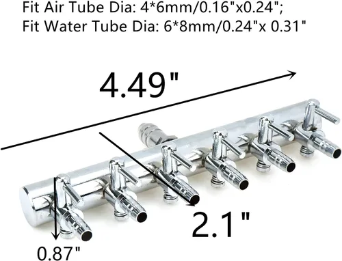 Vista 2 de Divisor de flujo de aire Acuario Palanca de acero inoxidable 6Way Esta válvula de control de palanca de 6 vías de acero inoxidable divide el flujo