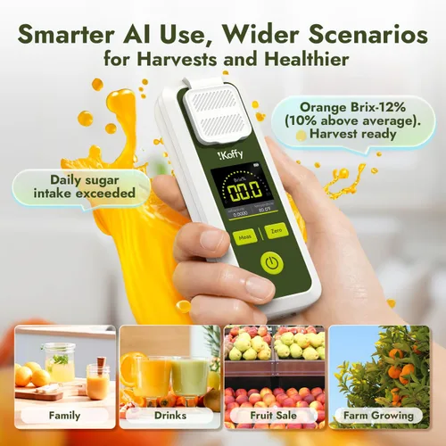 Vista 5 de Refractómetro digital Brix AI con ATC, sincronización de aplicaciones y análisis de IA, rango de 0-55%, precisión de ±0.1%, impermeable