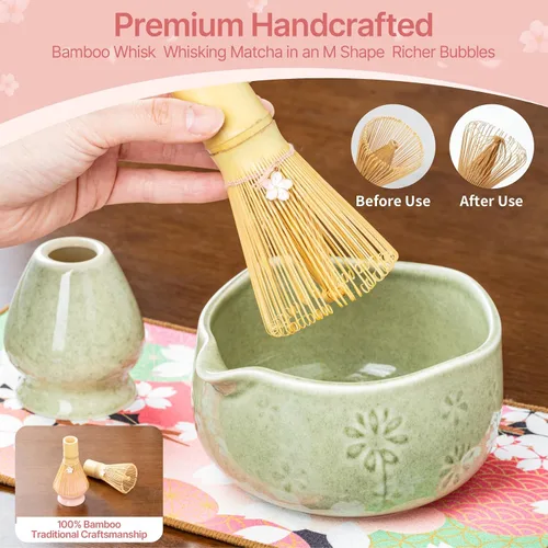 Vista 4 de Juego de batidor de matcha, kit de 8 piezas que incluye tazón, batidor de bambú y soporte, cuchara de bambú, colador de té, toalla de té, agitador