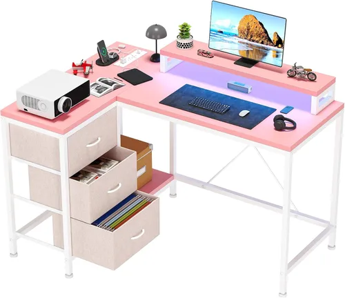 Vista 10 de Patikuin Escritorio en forma de L con tomas de corriente y luces LED, escritorio de computadora con cajones y estantes, escritorio de esquina