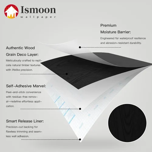 Vista 2 de Ismoon Papel tapiz de contacto negro para despegar y pegar, papel de contacto de grano de madera de 17.5 x 118 pulgadas, papel de contacto